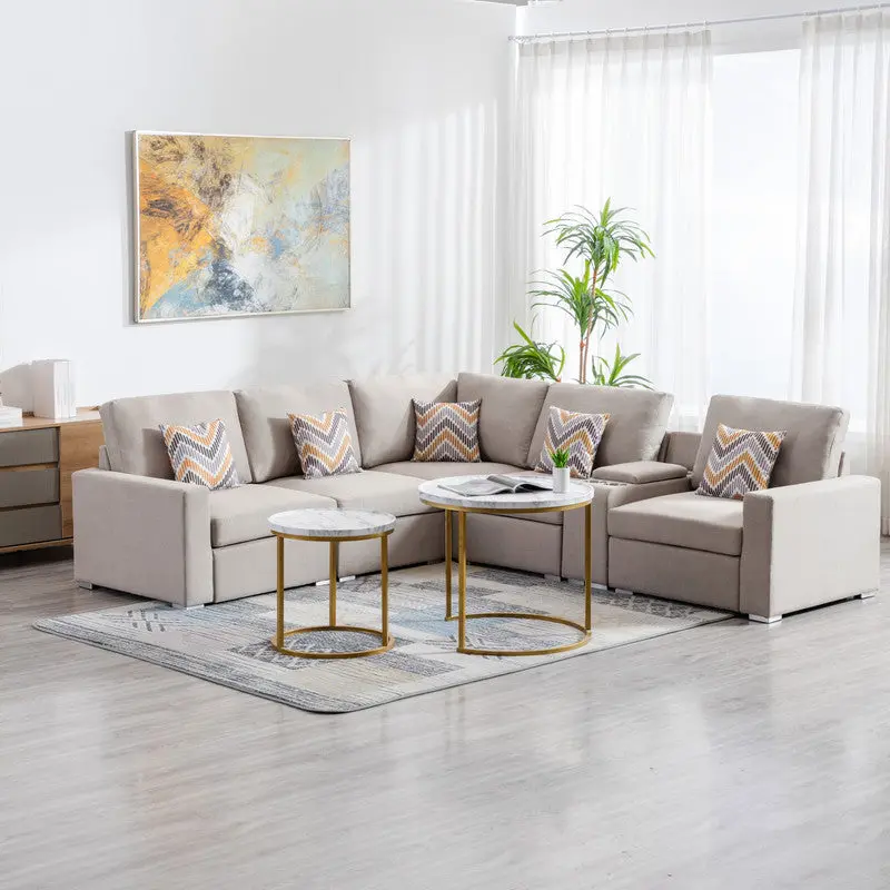 Nolan 106 Inch Beige Linen 6 Piece Reversible Sectional Sofa USB lilola home