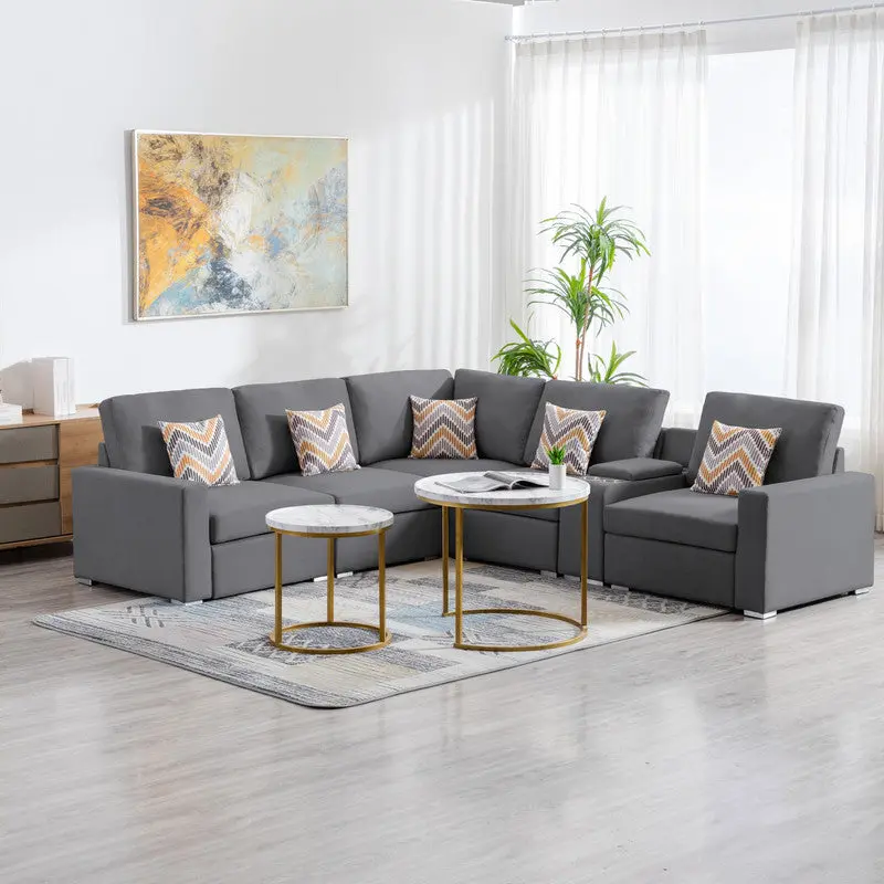 Nolan 106 Inch Gray Linen Fabric 6Pc Reversible Sectional Sofa USB - Spacious Living Room Furniture lilola home
