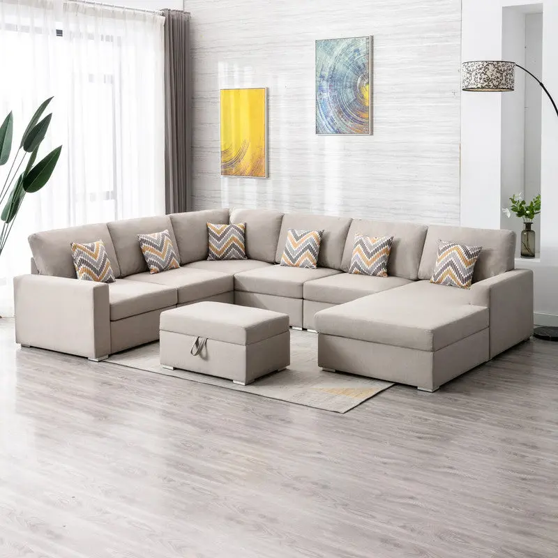 Nolan 124 Inch Beige Linen Fabric 7 Piece Reversible Chaise Sectional Sofa lilola home