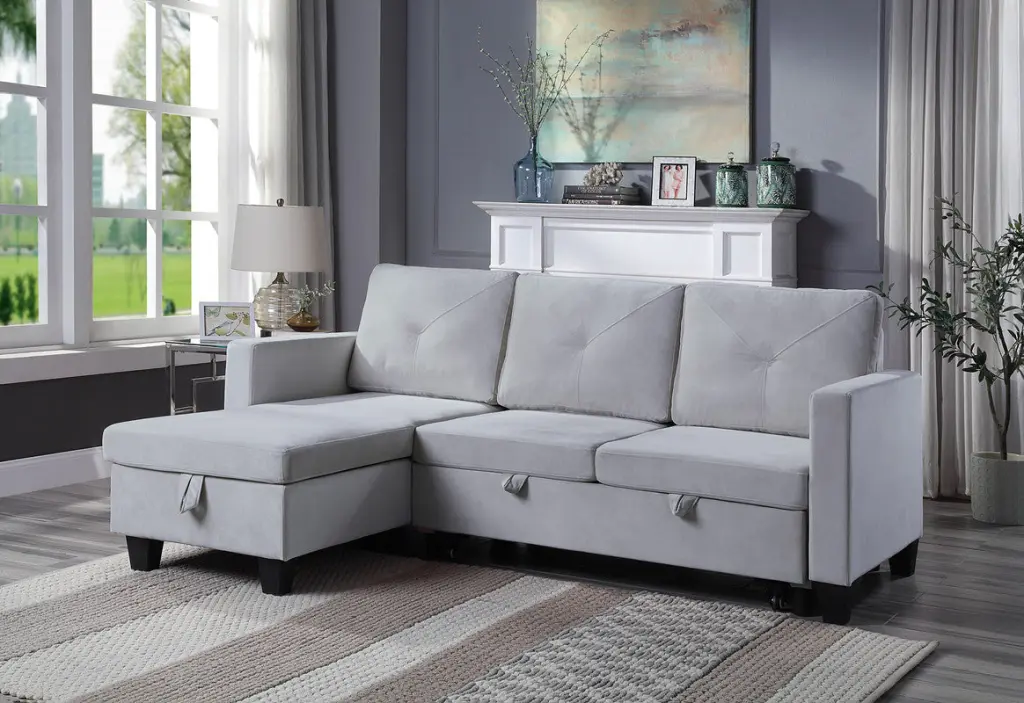 Nova 82.5 Inch Light Gray Velvet Reversible Sleeper Sectional Sofa Storage lilola home