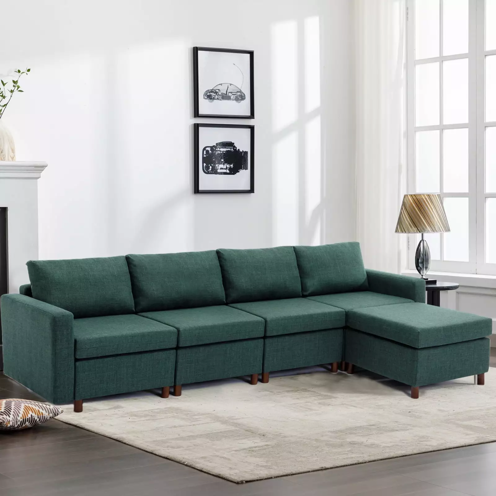 Miekor Furniture 4-Seat Sectional Sofa Ottoman Green Living Room Set