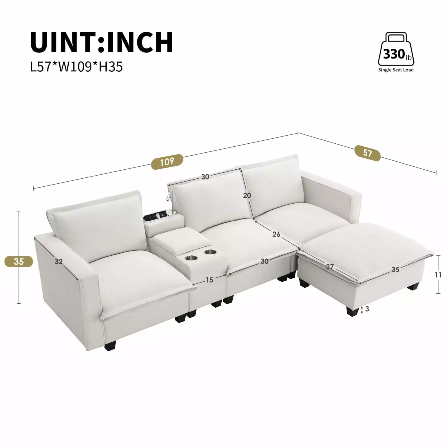 Miekor Modern Sectional Cloud Sofa USB Charging Port and Reading Light