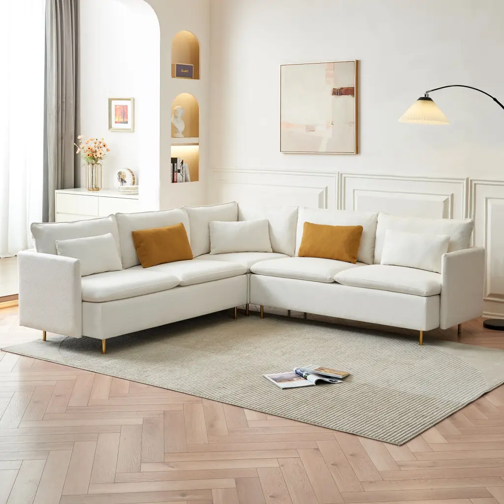 92 Inch Teddy Fabric Modern Corner Sectional Sofa Substantial Pillows modasi