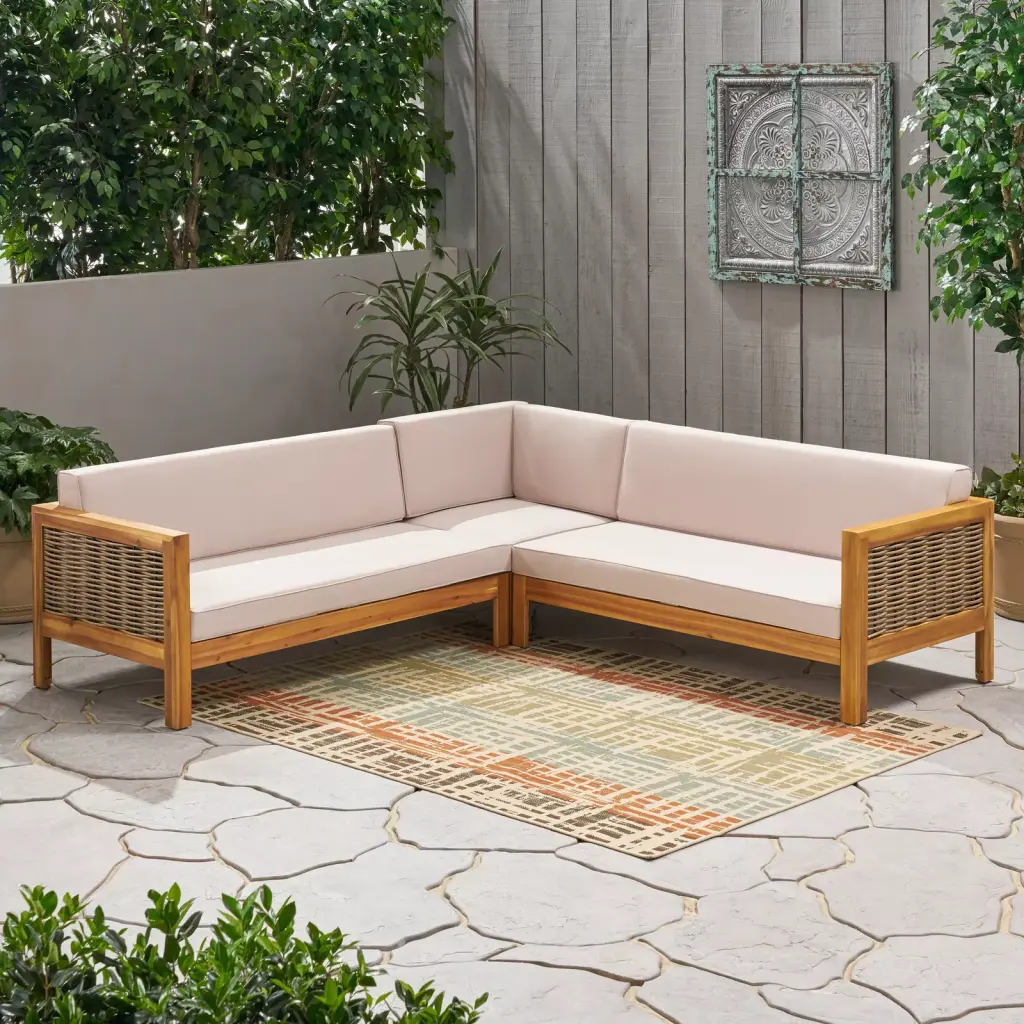 Linwood 3 Piece Wood And Pe Rattan Conversation Sectional Seating Set nh-gardenpara
