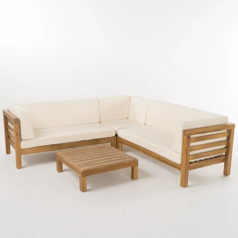 Oana Outdoor Wooden Sectional Set Cushions Beige Acacia Wood nh-gardenpara