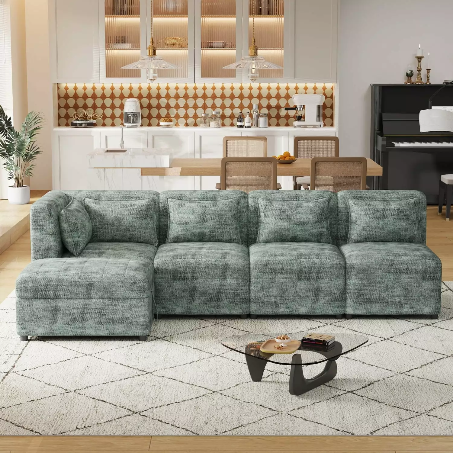 Blue Green 5-Seater Modular Sectional Sofa Storage Ottoman and 5 Pillows Living Room Bedroom or Office Ponnky
