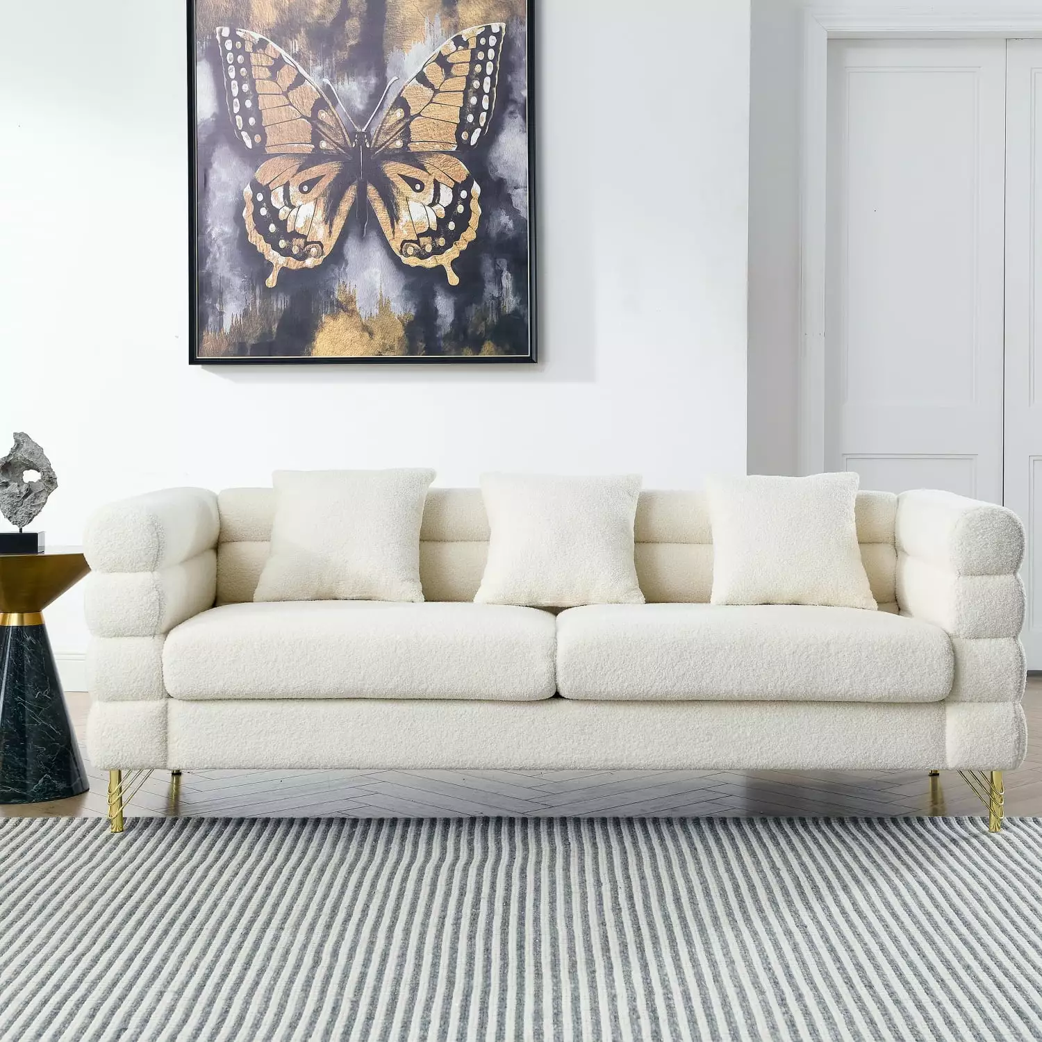 81 Inch Oversized 3 Seater Sectional Sofa Deep Seating Soft Sitting 3 Pillows Ivory White Teddy Fabric Ponnky