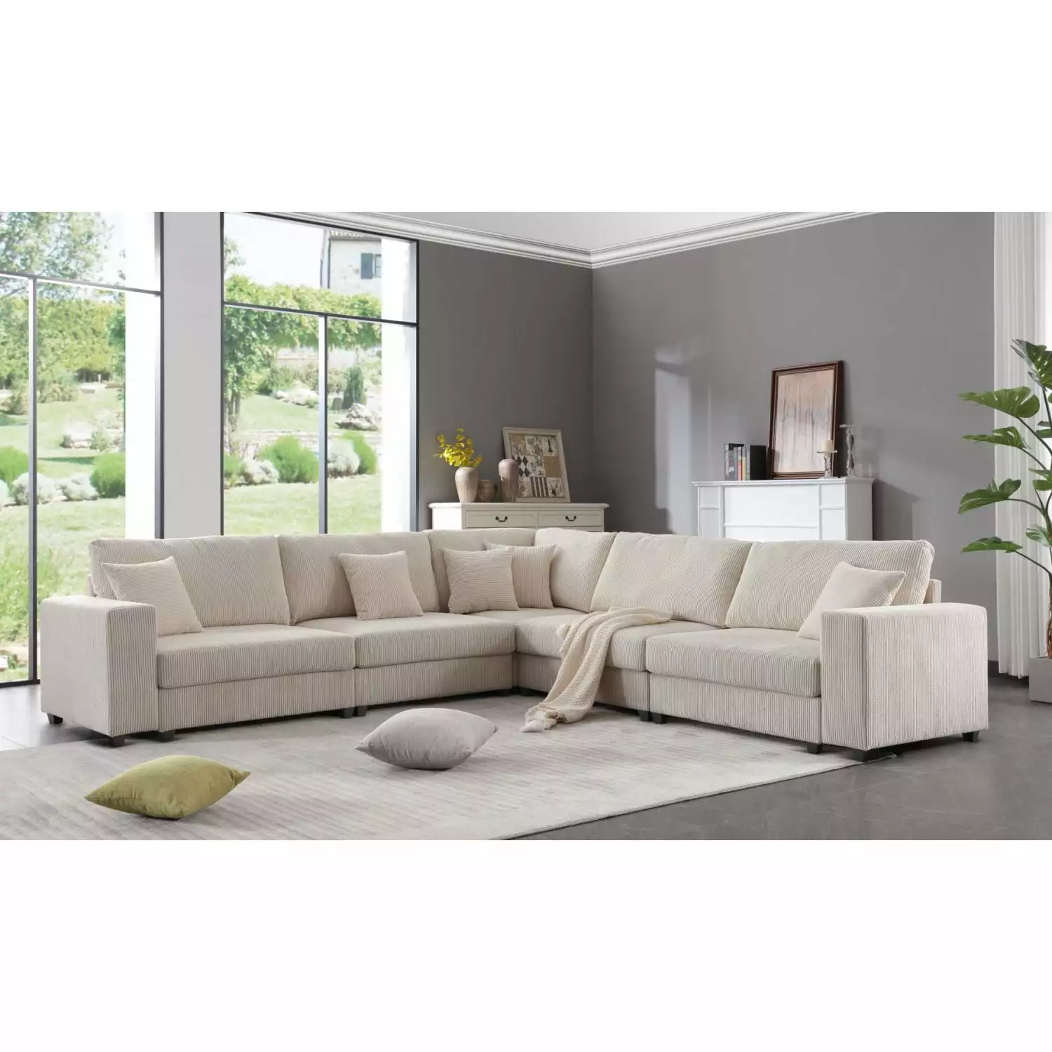 Oversized Modular Sectional Sofa Set Corduroy Upholstered Deep Seat Comfy Sofa Beige American Design 5 Seat Ponnky