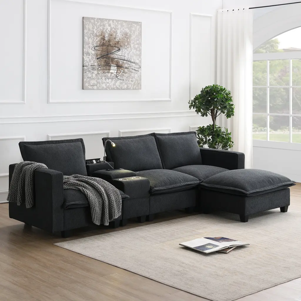 109 x 57 Inch Modern Sectional Cloud Sofa Console USB Charging Port rnb
