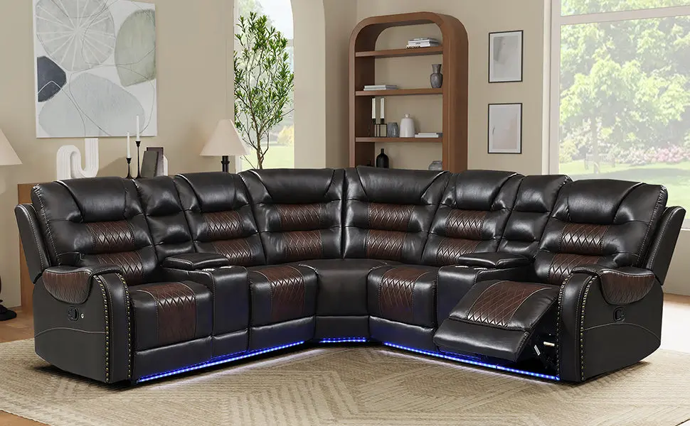 112.2 Inch Manual Reclining Sectional Sofa Set Symmetrical Motion rnb