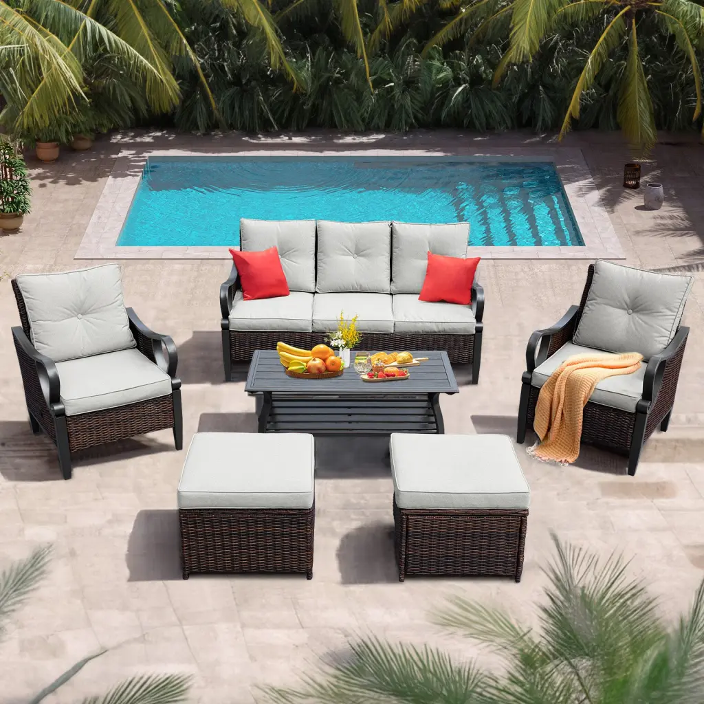 6 Pcs Outdoor Sectional Sofa Reclining Backrest and Ottomans Light Gray t2586