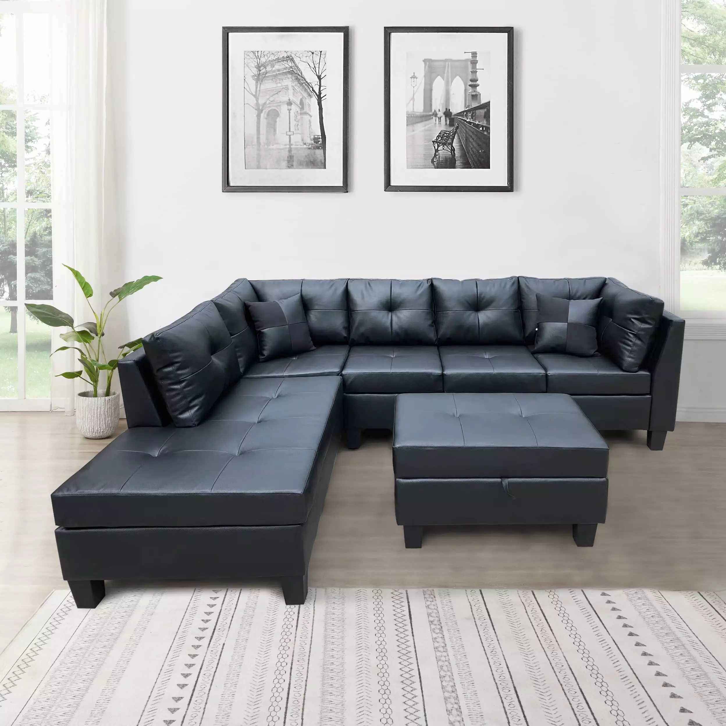 3-Piece Black PVC Sofa Set Chaise Lounge and Storage Ottoman Teekyooly