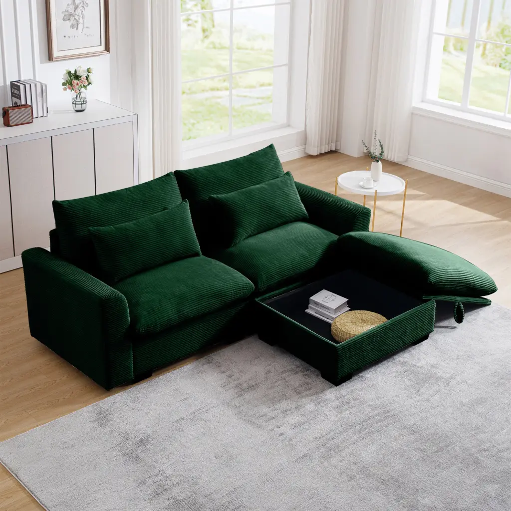 Comfy Corduroy Sectional Sofa Living Room Pillows and Ottoman ui furniture