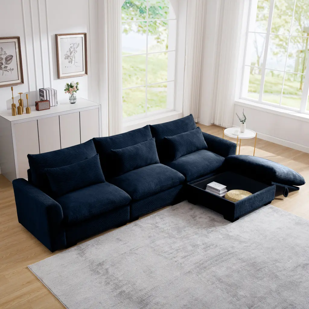 Corduroy Sectional Sofa, L-Shaped Couch Storage Footstool and 3 Pillows ui furniture