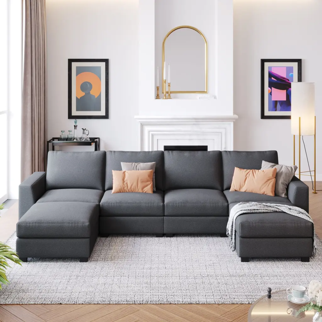 3 Piece U Shaped Sofa Removable Ottomans Gray Polyester Foam 6 Seater u_style