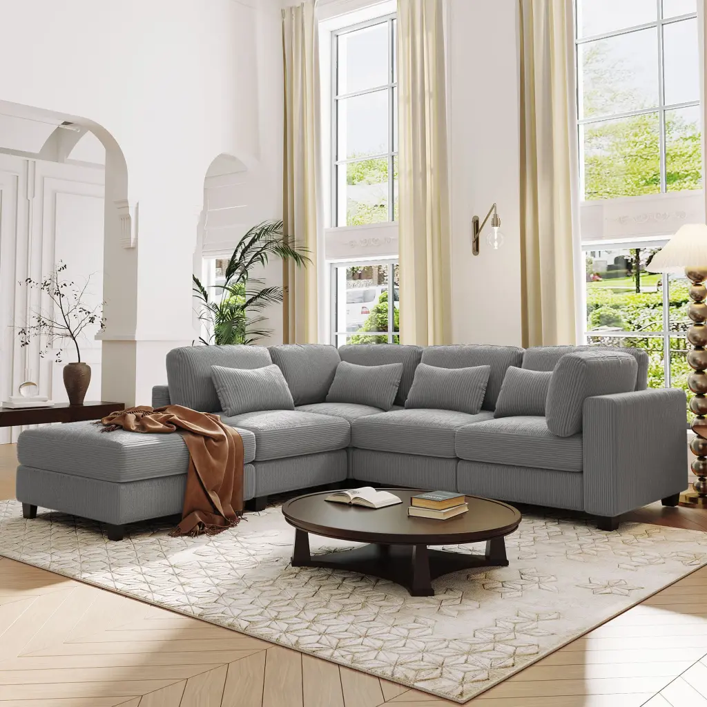 5 Pieces L Influenced Sofa Removable Ottomans And Cozy Waist Pillows u_style
