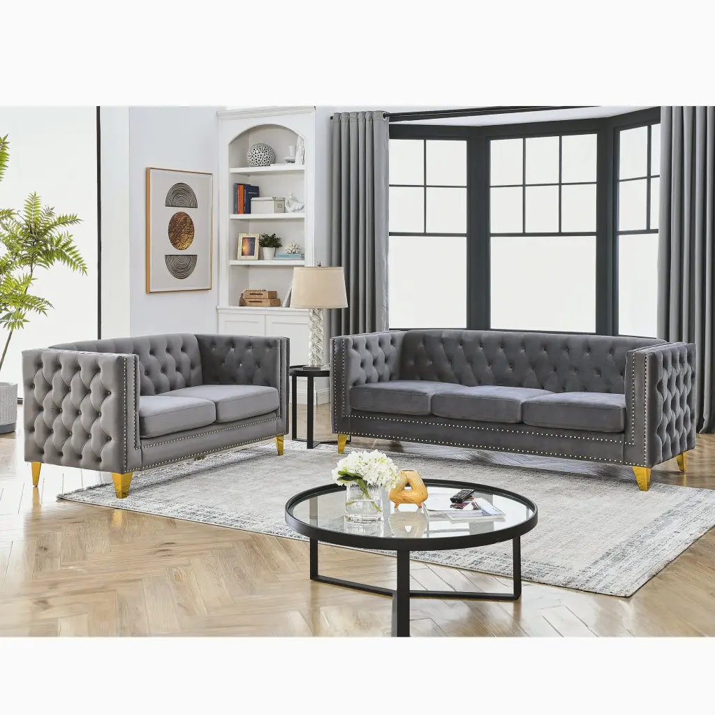Grey Velvet 3 Seater 2 Seater Combination Sofa Set welike furniture