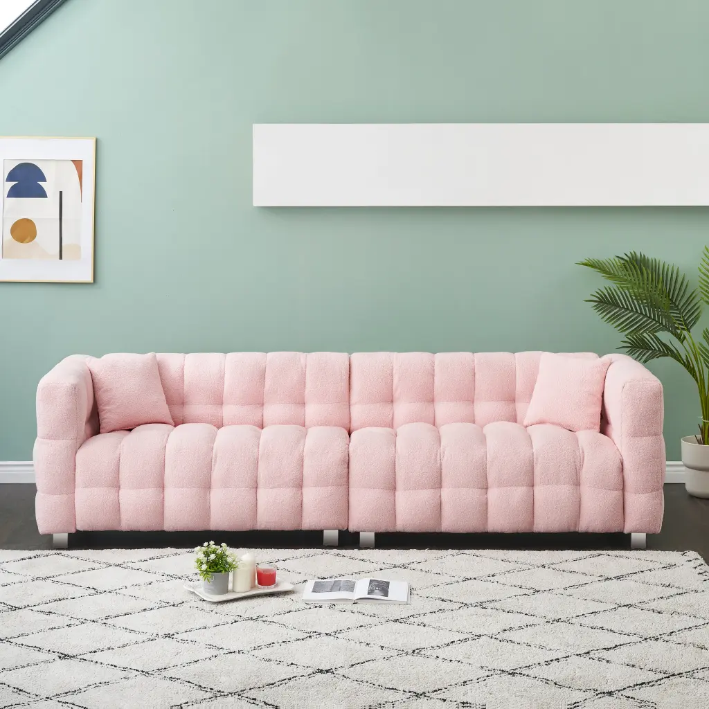 102 Inch Pink Teddy Fleece Sofa Two Throw Pillows Living Room Comfort ylf fff