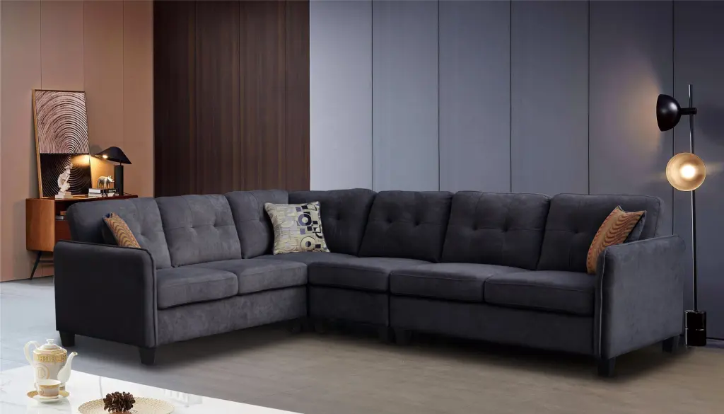 Archie 114.5" Black Velvet 6 Seater Sectional Sofa Black Velvet lilola home