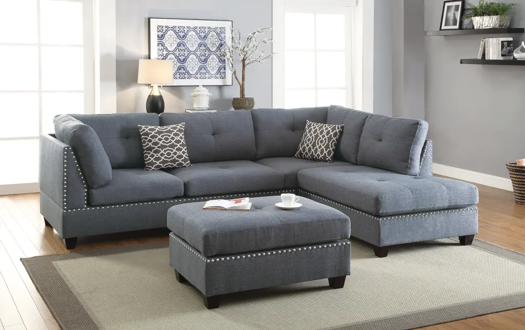 3 Piece Sectional Blue Gray Grey Fabric Living Room poundex