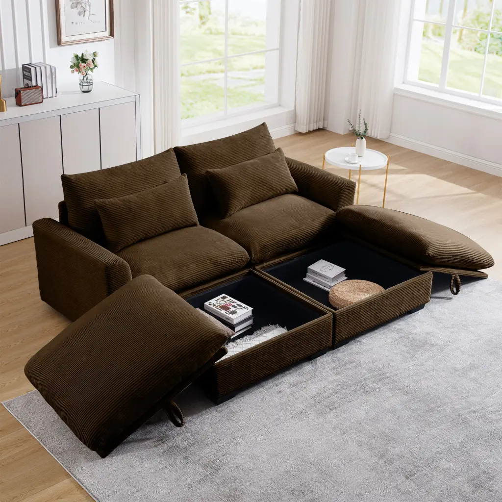 Corduroy Two Seater Sofa 2 Storage Footrest 2 Seater Sectional ui furniture