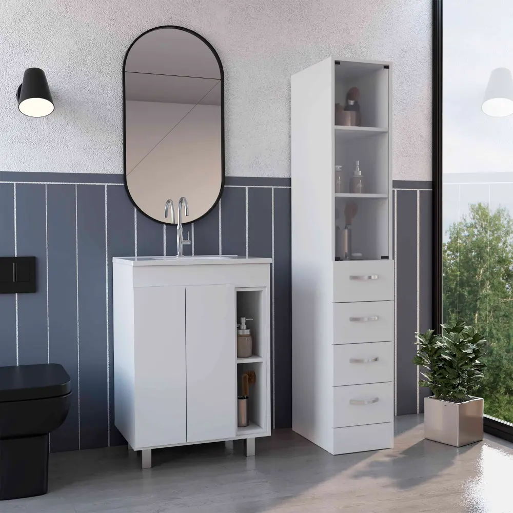 2 Piece Bathroom Set Free Standing Vanity Magna Linen Cabinet White Finish rta mubles colombia
