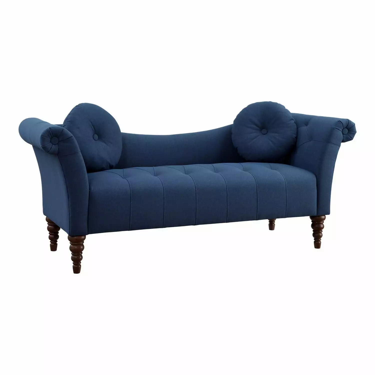 Benjara Ria 75 Inch Settee Chaise 2 Pillows Blue Polyester Brown Wood