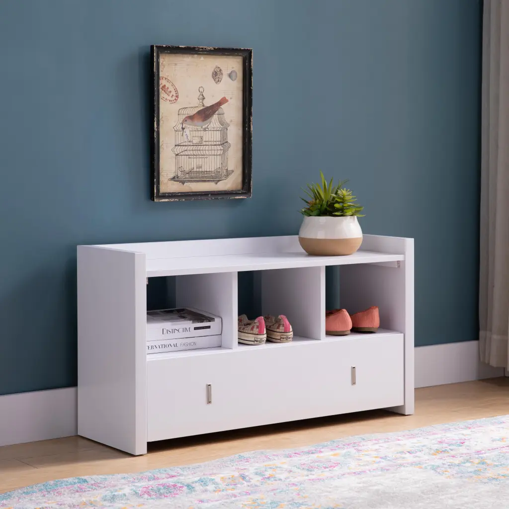 White Entryway Shoe Bench Three Shelves and Storage Drawer id international- inc.