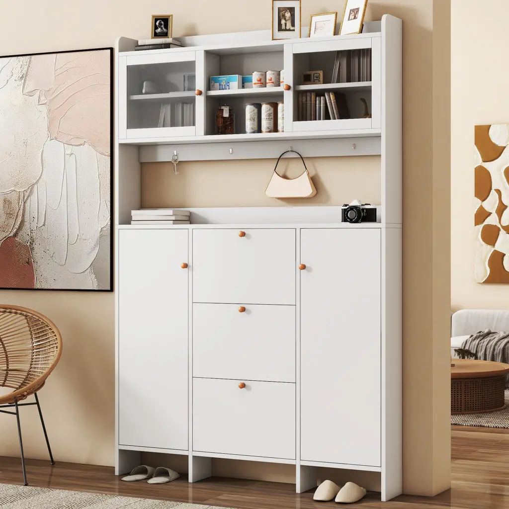 Contemporary Shoe Cabinet Open Storage Platform and Tempered Glass rnb