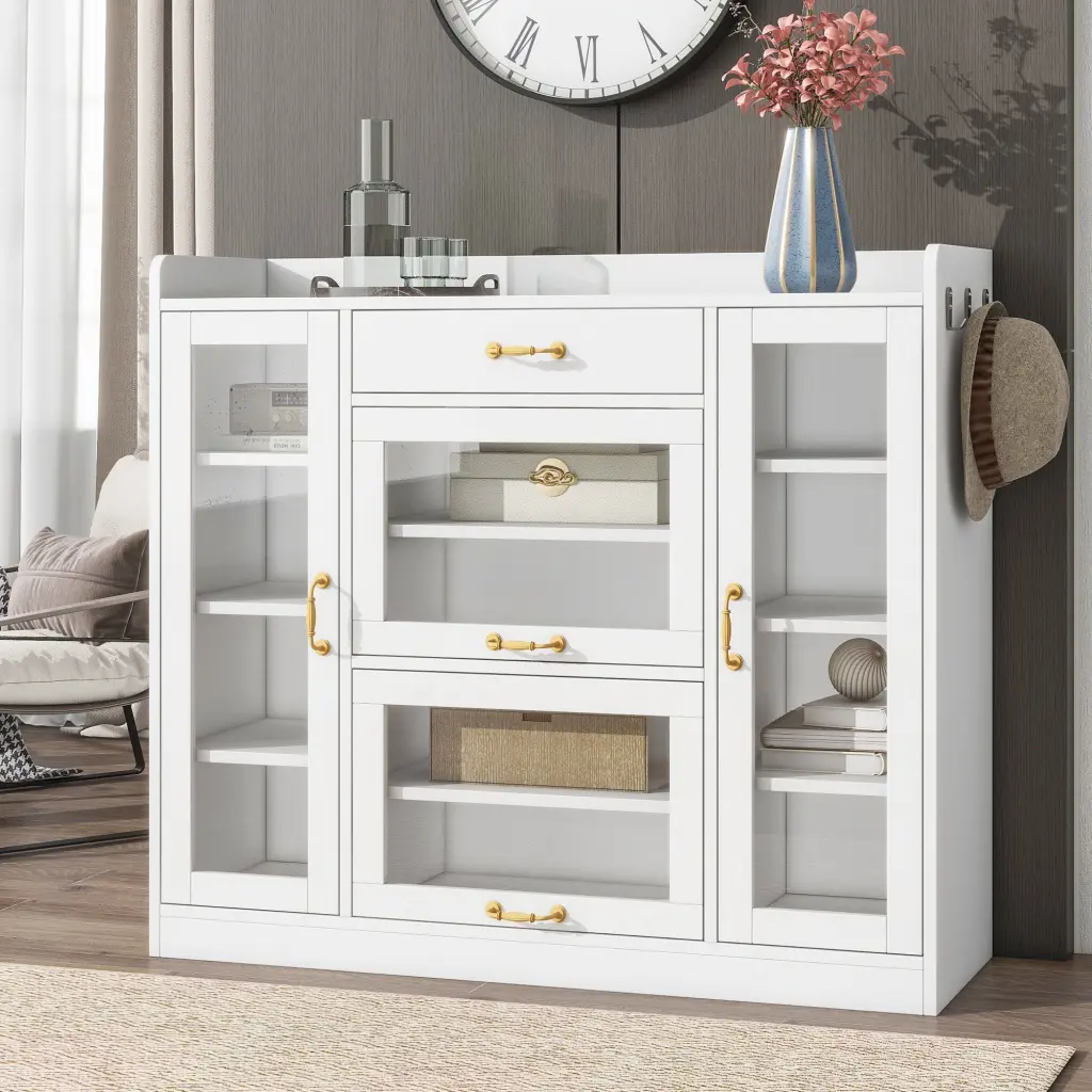 Modernist Side Cabinet 4 Glass Doors 3 Hooks Freestanding Shoe Storage rnb