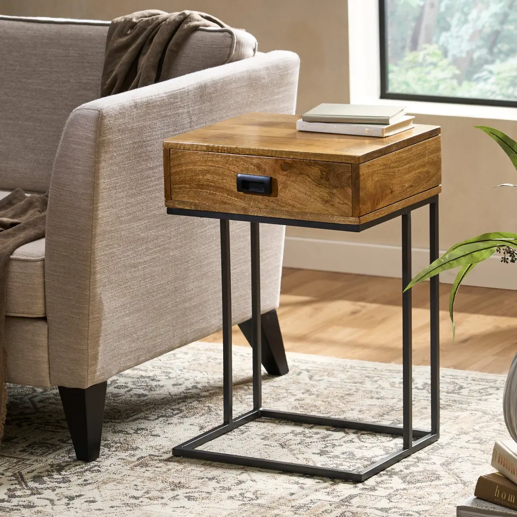C Table Natural Grey Wood and Metal civilfurniture