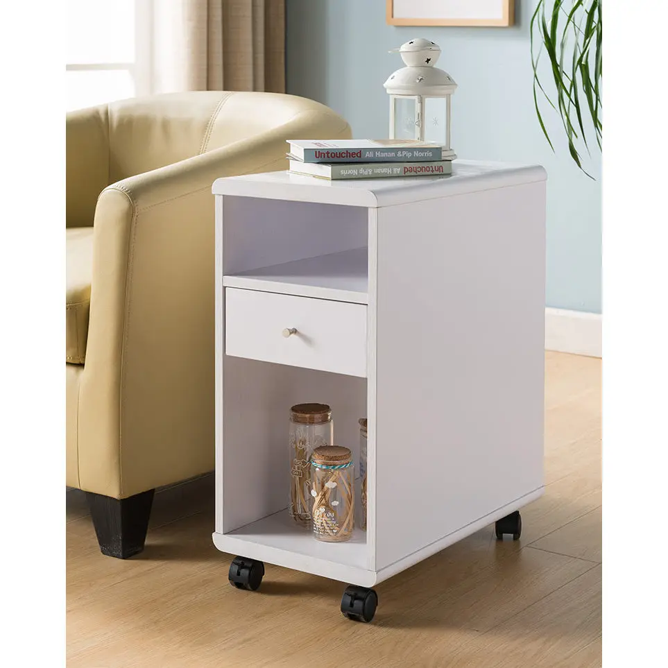 White Mobile Chairside Table Drawer Particle Board Side Table Living Room id international- inc.