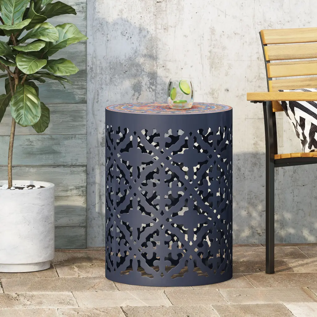 Side Table Dark Blue Rattan Metal nh-comfortcove