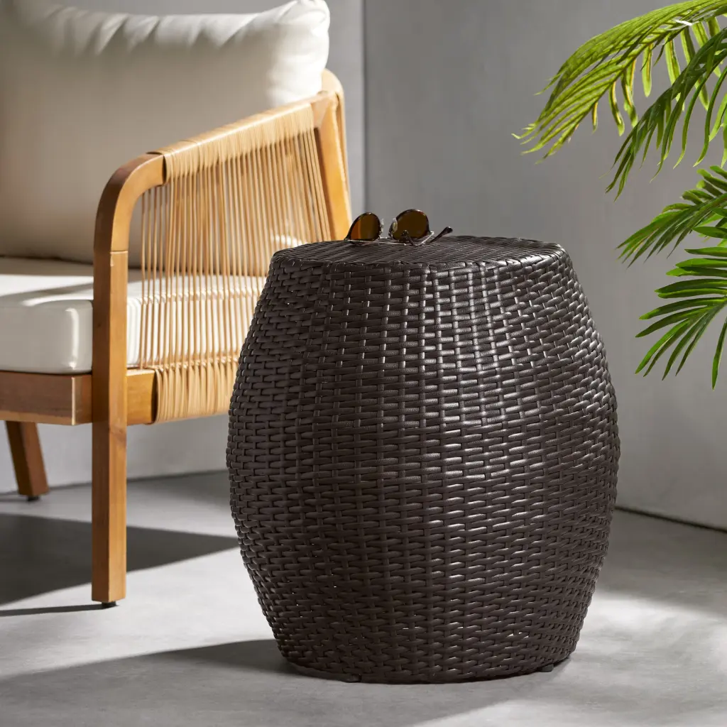 Outdoor Wicker 14 Inch Patio Side Table Brown Rattan nh-gardenpara