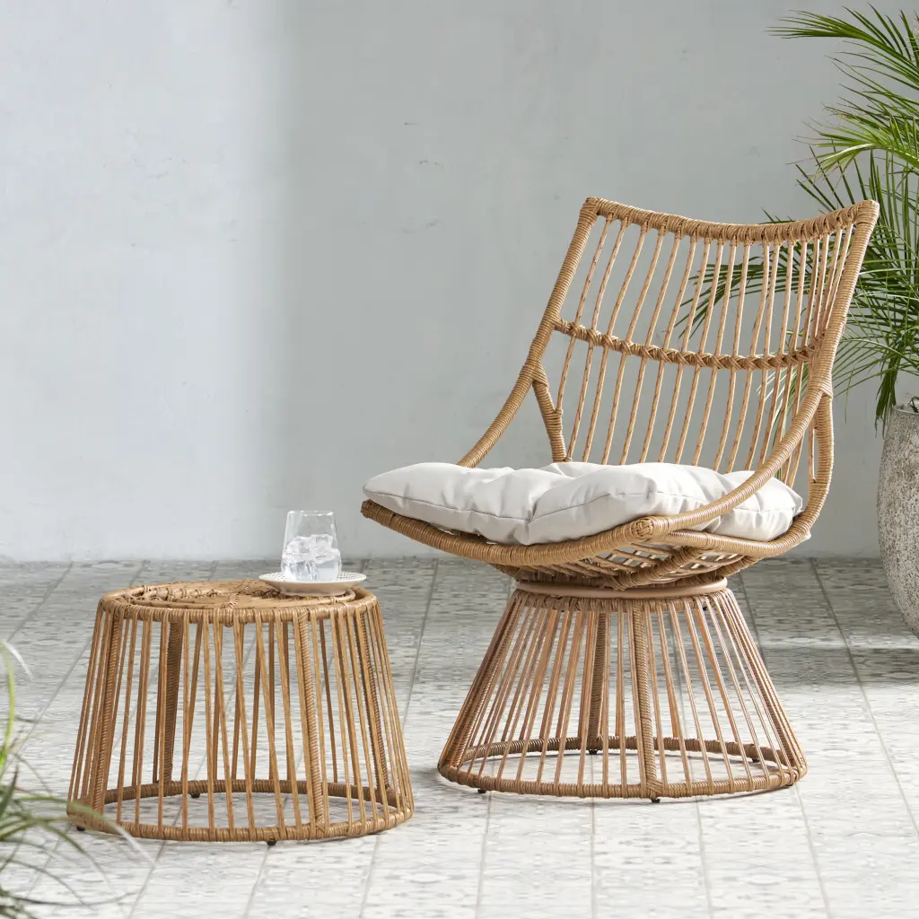 Elaine Chair Side Table Light Brown Pe Rattan Iron Waterproof Fabric nh-kisa