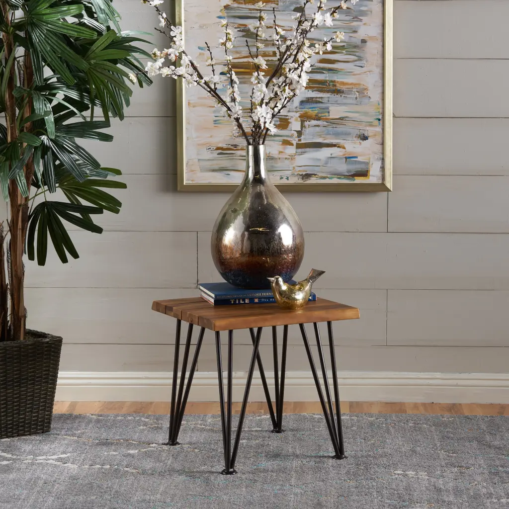 Zion Industrial Wood and Metal Accent Table Teak Finish Side Table End Table nh-sunfay