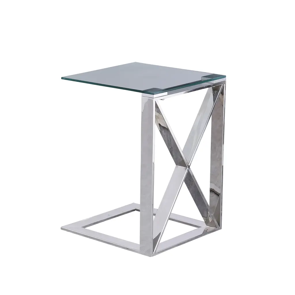 22 Inch Metal X Frame Glass Top Side Table Silver Finish royal hampton
