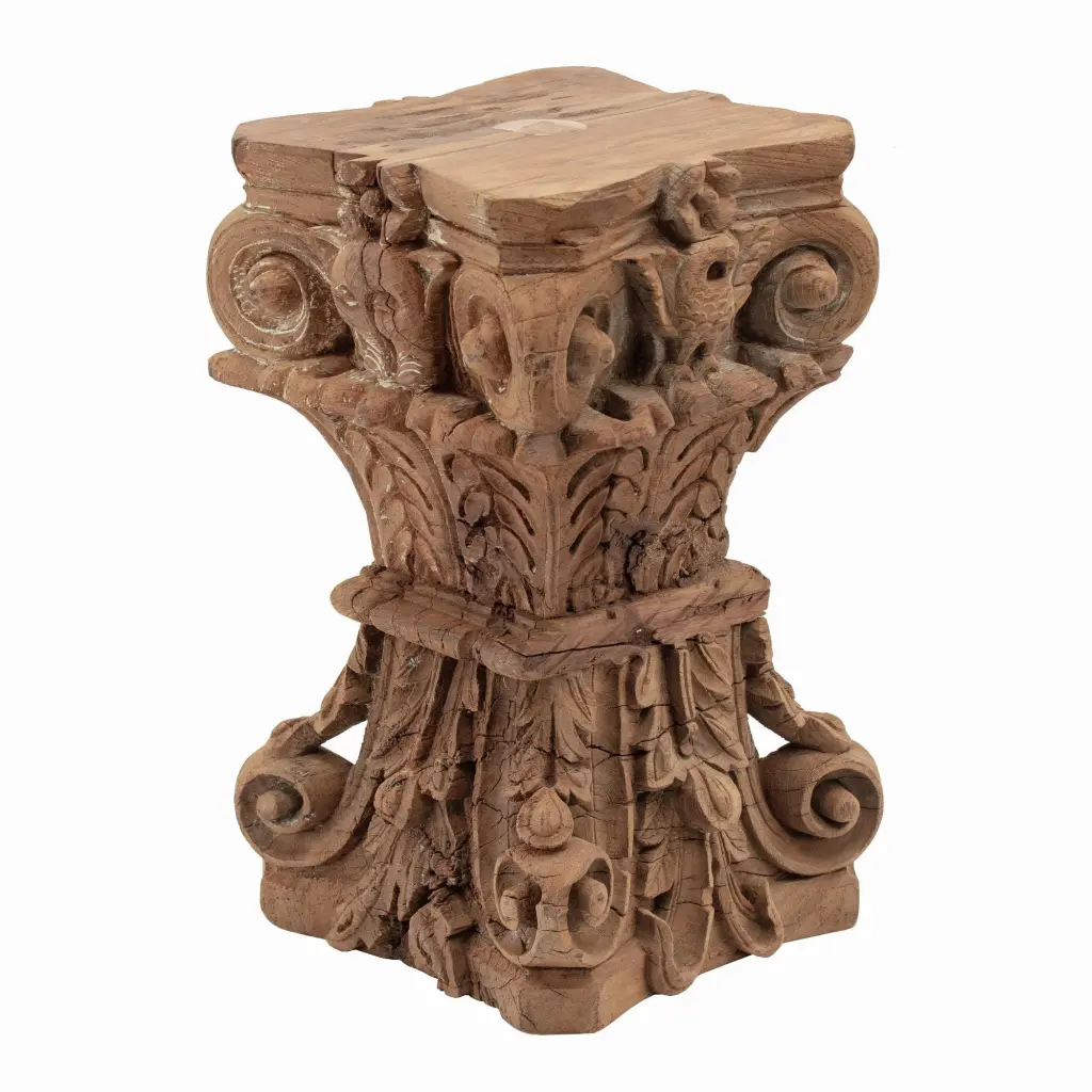19 Inch Timeless Stool Table Carved Pillar Accent Antique Brown Wood royal hampton