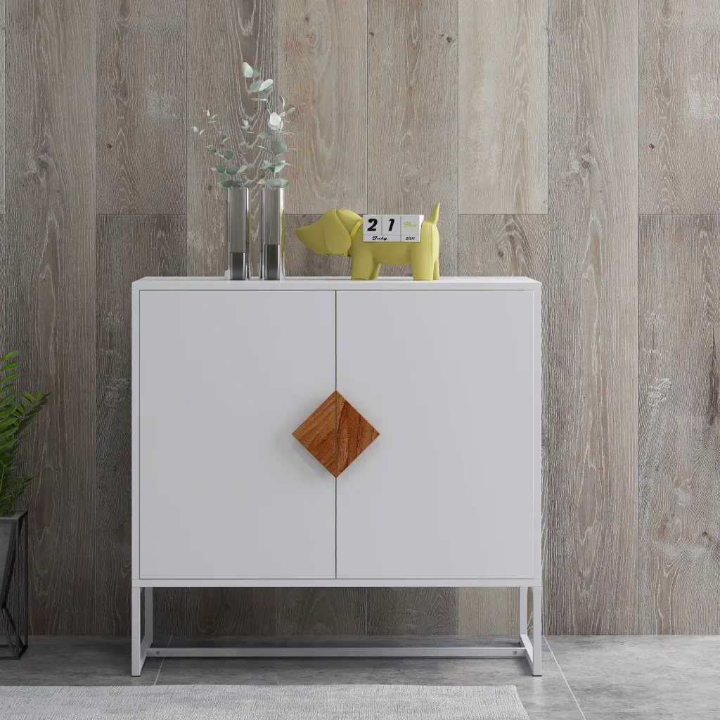 Solid Wood Square Influence Handle 2 Doors Sideboard White MDF - Stylish Living Room Storage w2181