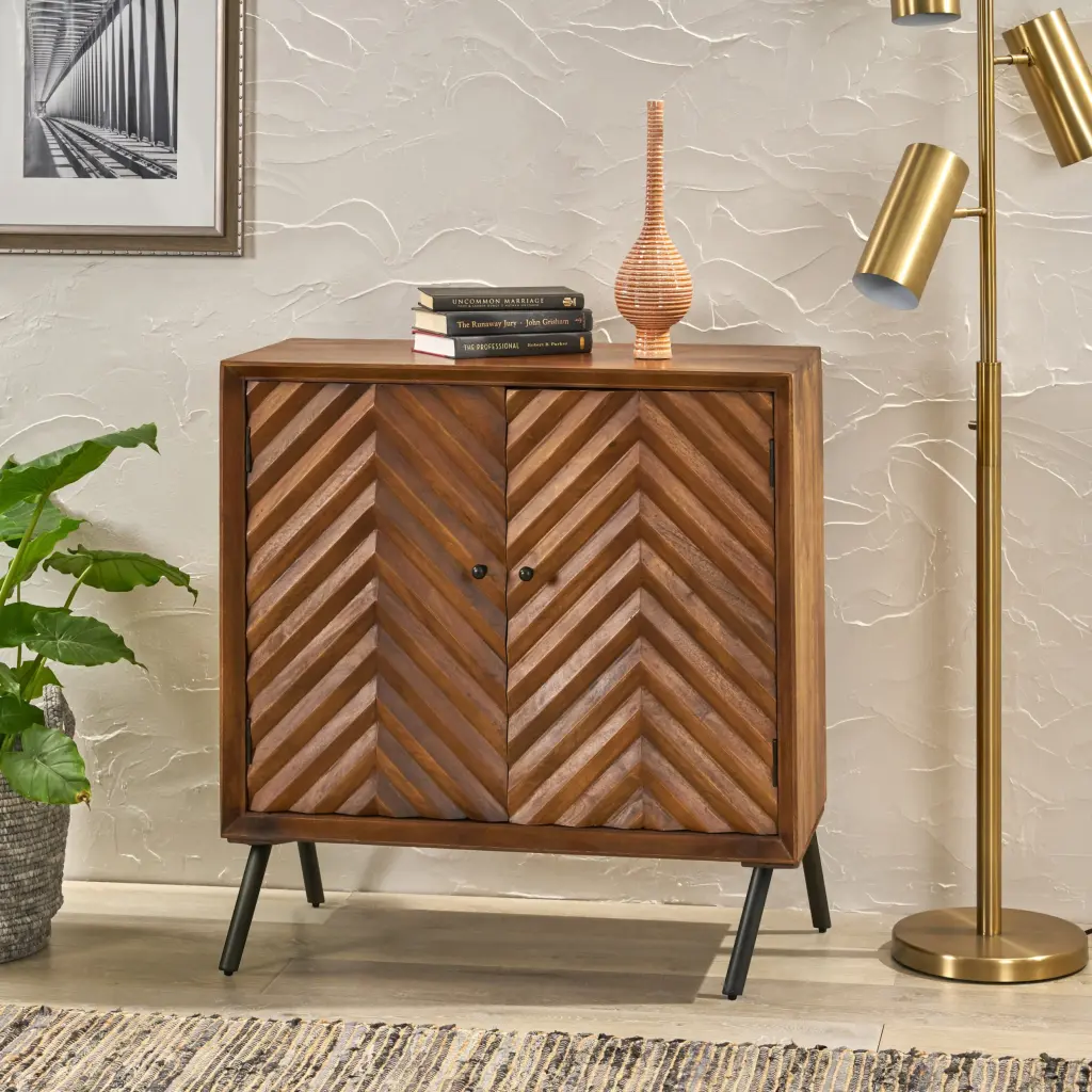 Wooden & Iron Sideboard Dark Brown Wood Finish Stylish Storage Cabinet nh-bo