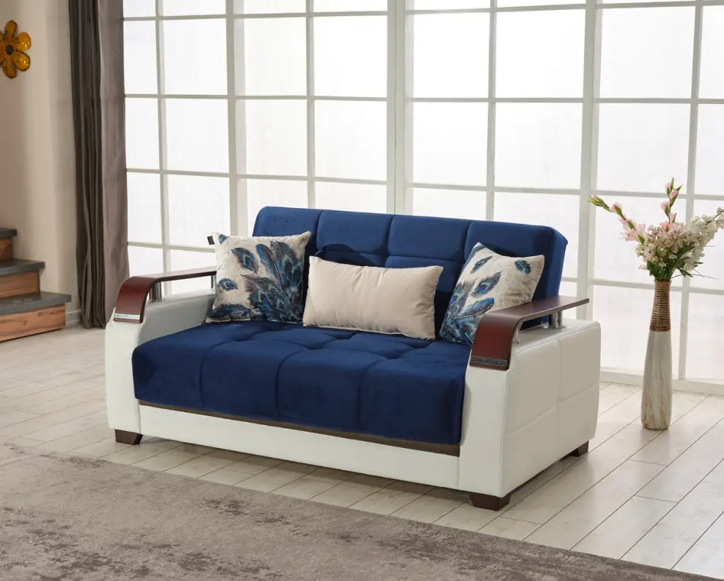 Reginaldo Modern Sleeper Loveseat Living Room Navy Solid Wood MDF Frame furnia