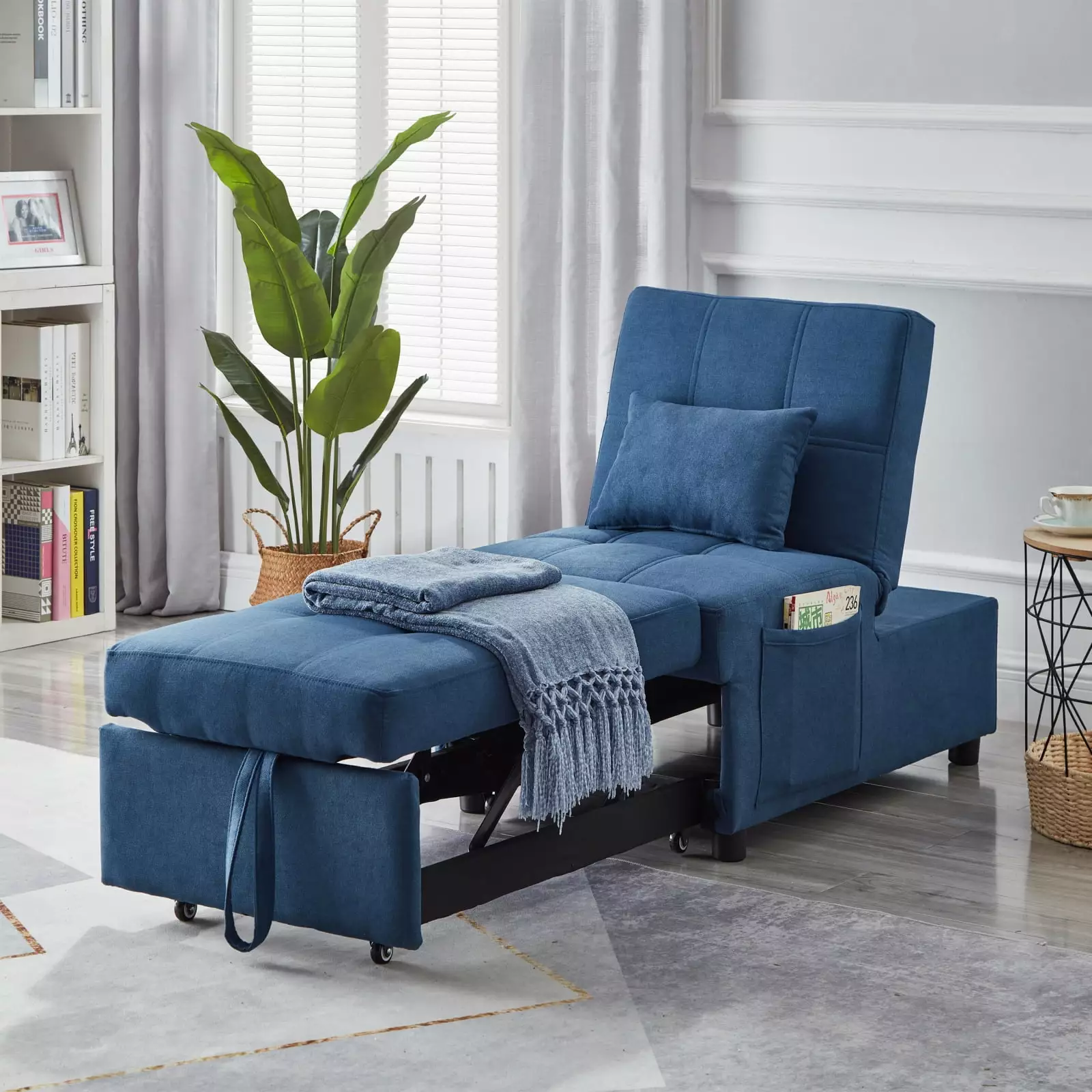 Miekor Furniture Blue Linen Fabric Recliner Chair Bed 125472 - Convertible Sleeper Living Room or Bedroom