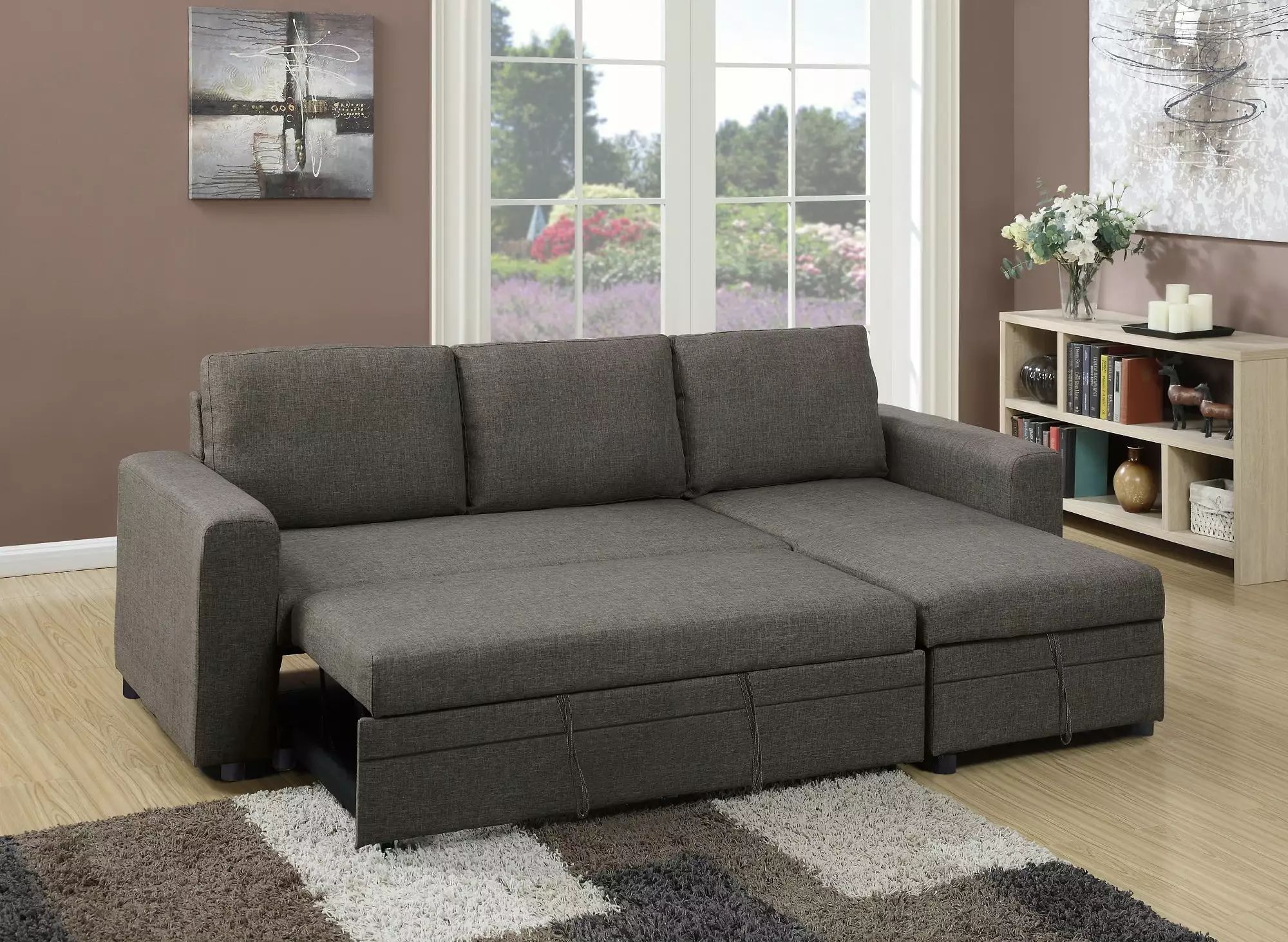 Ash Black Living Room Sectional Sofa Chaise Pull Out Bed and Storage Esofastore