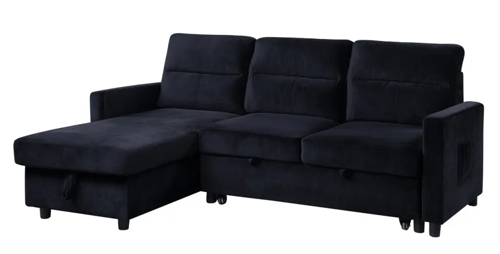 Ivy 81.5 Inch Black Velvet Reversible Sleeper Sectional Sofa Storage lilola home