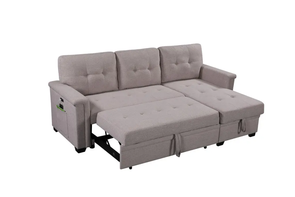 Nathan 84 Inch Light Gray Reversible Sleeper Sectional Sofa Storage Chaise lilola home