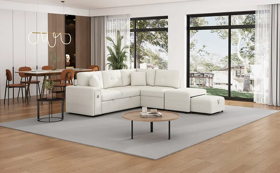 86.6 Inch Sectional Sofa L Shaped Pull Out Sofa Bed Movable Ottoman oris fur.