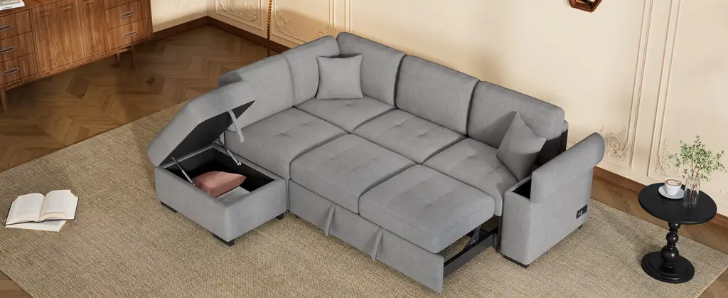 L Shaped Sleeper Sectional Sofa Storage Ottoman Convertible Couch Bed rnb