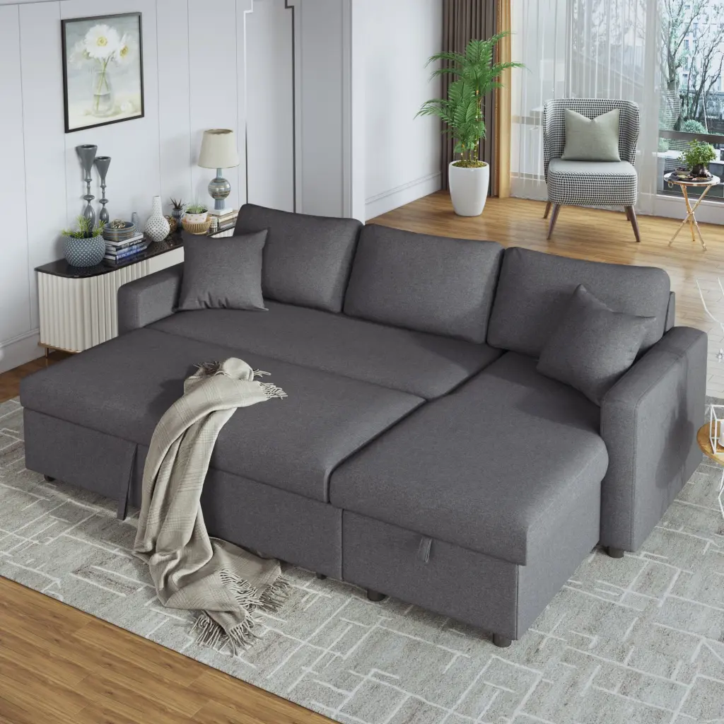 Upholstered Sleeper Sectional Sofa Grey Storage Space And 2 Toss Pillows u_style