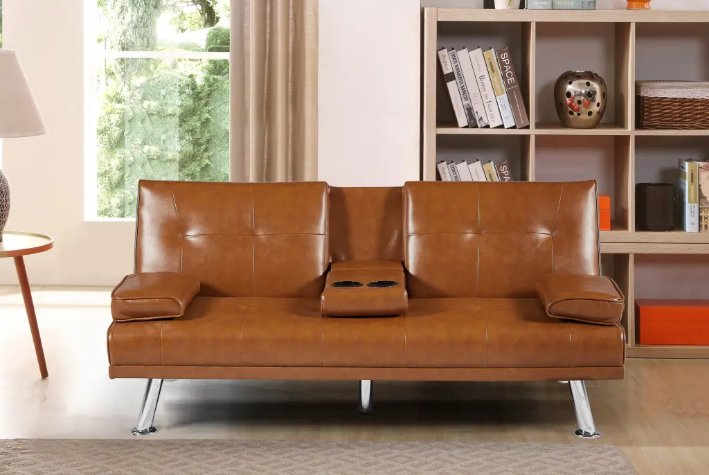 Tan Foldable Sofa Bed Cup Holder Wood Frame Primary Living Space aihua