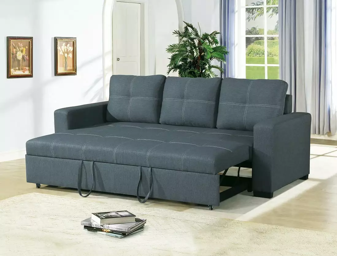 Convertible Sofa Bed Bobkona Living Room Sofa Pull Out Bed - Blue Grey Polyfiber Comfort Couch Esofastore